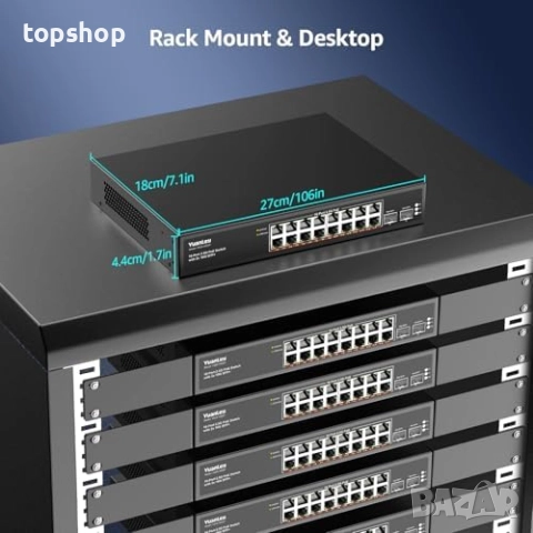 Чисто нов 2.5G 18-портов неуправляем PoE комутатор YuanLey, 16 Base-T 2.5G PoE порта, 2 x 10G SFP+.., снимка 5 - Други стоки за дома - 52906058