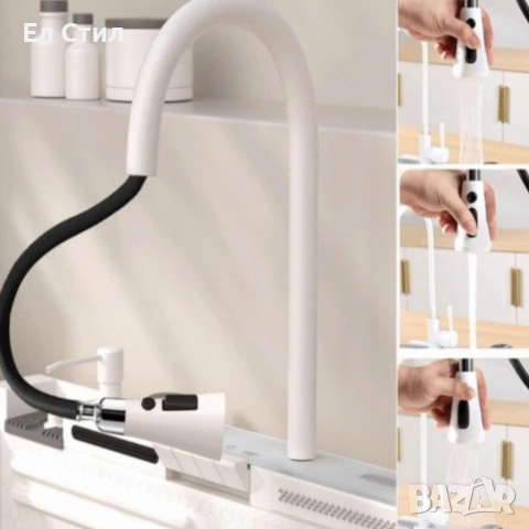 Умна кухненска мивка с изтеглящ се кран – LED дисплей, водопад, филтрирана вода, снимка 4 - Мивки - 53574151