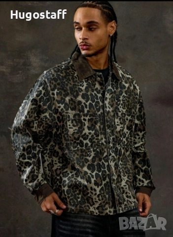 Ново мъжко дънково яке риза зелено леопард камуфлажно деним памук ХХЛ, снимка 3 - Якета - 52443789