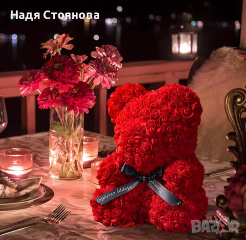 Плюшено мече с LED рози - подарък за мама, момиче, баба - комплект вечни рози 25 см, снимка 6 - Романтични подаръци - 52958091