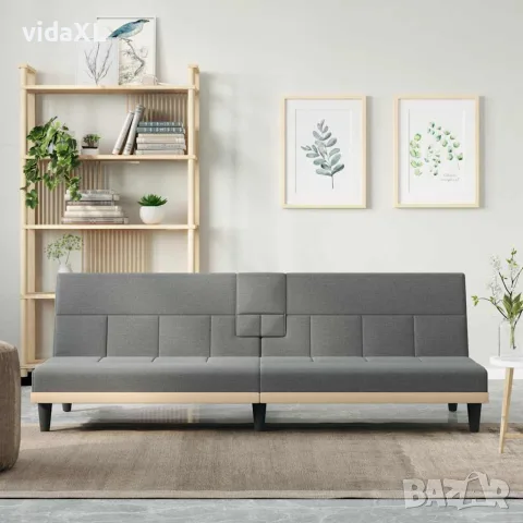vidaXL Разтегателен диван с поставки за чаши, тъмносив, плат, снимка 2 - Дивани и мека мебел - 56147257