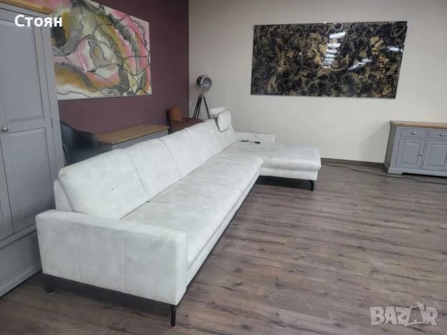 Кремав ъглов диван от плат с лежанка MM-ZE1126 с ел. механизъм, снимка 5 - Дивани и мека мебел - 44216172