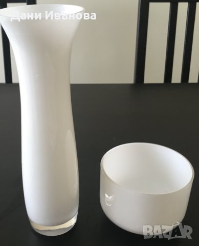 Стъклени ваза и купа - млечно бели, снимка 2 - Вази - 39804832