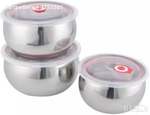 Комплект 3 броя купи от неръждаема стомана за съхранение на храна с капак, снимка 6 - Други - 48642108