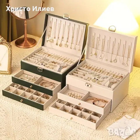 Органайзер за Бижута Кутия за бижута от Изкуствена Кожа с 3 Нива и Ключалка, снимка 3 - Други - 48614723