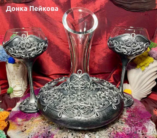 Сервиз за вино ръчна изработка в злато