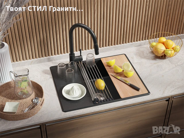 Графит кухненска гранитна мивка Копенхаген 50 Top 620х500, снимка 4 - Мивки - 51299483