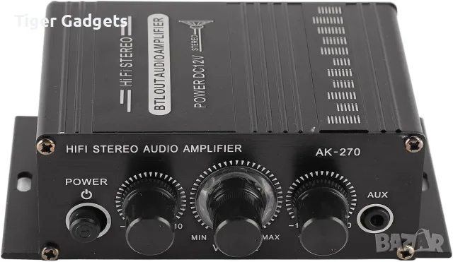 AK270 Mini Stereo Amplifier – 2-канален аудио усилвател с 3.5mm AUX, Bass и Treble, снимка 3 - Ресийвъри, усилватели, смесителни пултове - 56113164