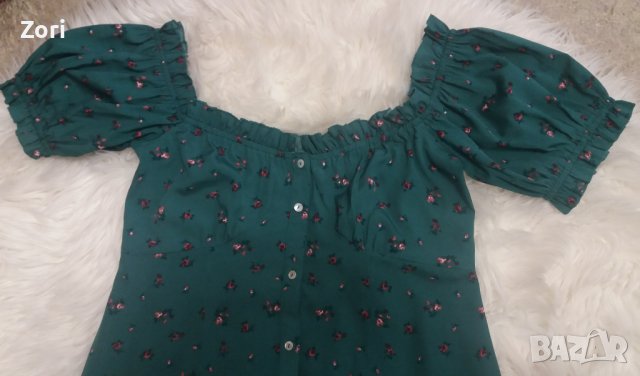 Зелена рокля на цветчета с ластик около деколтето и ръкавите , снимка 3 - Рокли - 41082110