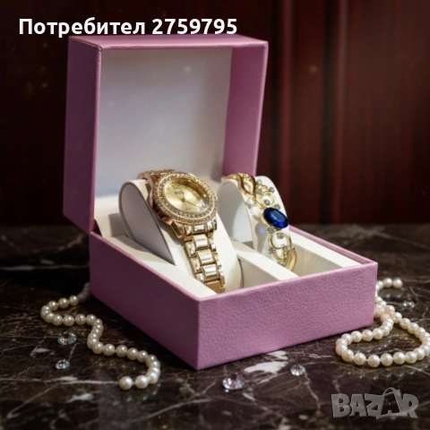 Луксозен дамски комплект – елегантен часовник и изискана гривна със скъпоценни камъни.