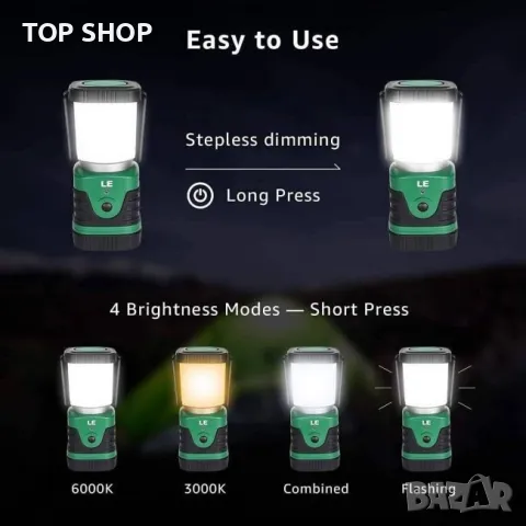 LED акумулаторен фенер за къмпинг, 2 бр /1000 LM, 4 светлинни режима, 4400 mAh Power Bank,, снимка 2 - Лампи за стена - 48788746