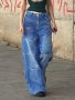 Дамски дънки с много джобове, цип, изпъстрени дънки с прави и широки крачоли , снимка 1