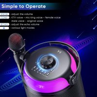 Караоке Bluetooth с LED светлина и 5 звукови ефекта, преносима караоке система с 2 безжични микрофон, снимка 4 - Караоке - 41892791