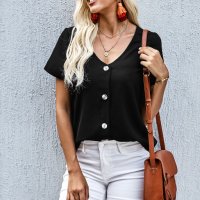 Дамска блуза в черно с къс ръкав и копчета, снимка 5 - Тениски - 40518004