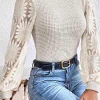 Дамска ефектна блуза в бежово с дълги ръкави с принт на слънчогледи, снимка 3 - Блузи с дълъг ръкав и пуловери - 42636271