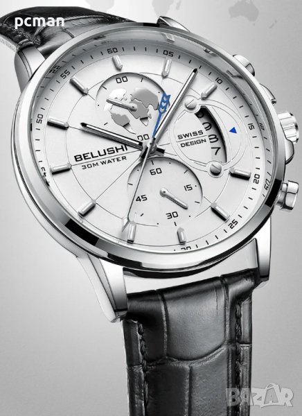 Belushi White Black B-576 Луксозен мъжки кварцов часовник с кожена каишка, снимка 1