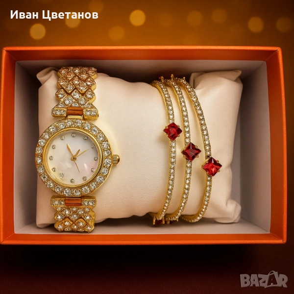 Готов сет за елегантност: кварцов часовник + 3 гривни с червени акценти, снимка 1