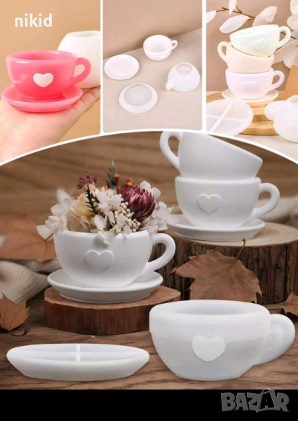 3D Сет чаша и чиния ❤ силиконов молд форма смола гипс шоколад кашпа декор, снимка 1