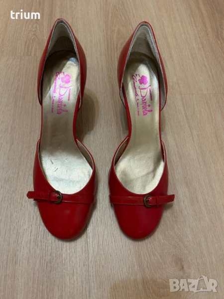 Елегантни дамски обувки с ток, естествена кожа, червен цвят, номер 39 , снимка 1