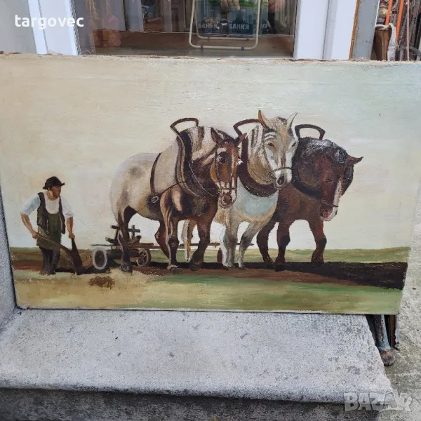 майсторска старинна картина с коне Германия, снимка 1