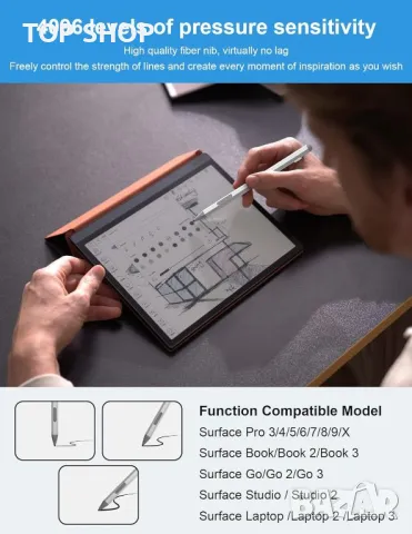 Surface Pen за Microsoft Surface Pro - с отхвърляне на дланта, презареждаема, 4096 чувствителност, снимка 2 - Друга електроника - 49420178