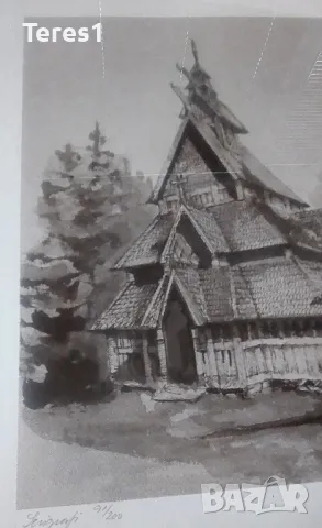 Литография или рисувано с молив, Норвегия., снимка 3 - Картини - 48653004