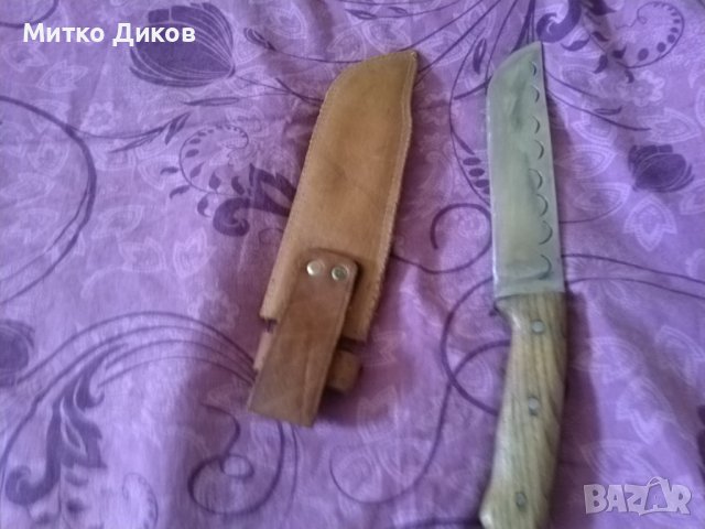 Ловен нож голям  с нов калъф естествена кожа 320х190мм дървена дръжка бряст с точило, снимка 7 - Ножове - 38518181