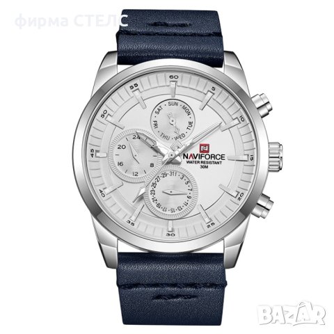 Мъжки часовник Naviforce, Кожена каишка, Син / Сребрист