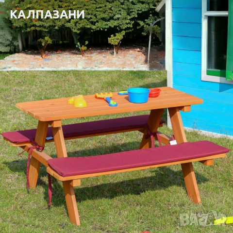 Градински Комплект GINGER HOME, Детска Маса за Пикник с Пейки и Меки Възглавници, Дървен, 89х79х50 с, снимка 10 - Други - 44670157