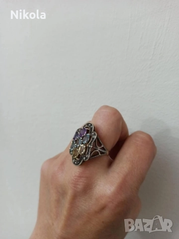 Антикварен дамски златен пръстен със сребро - диамантчета, цитрин, аквамарин, аметист-9карта., снимка 5 - Антикварни и старинни предмети - 52011520