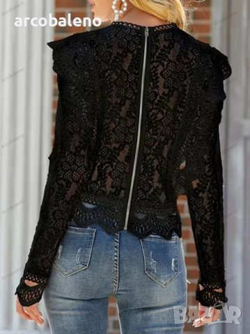 Дамска едноцветна блуза с бродирана дантела, 4цвята - 023, снимка 4 - Блузи с дълъг ръкав и пуловери - 39474960
