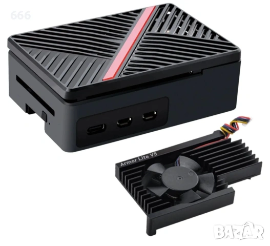 Корпус за Raspberry Pi 5 с Armor Lite V5 радиатор и вентилатор за Raspberry Pi 5 4GB/8GB (черен)