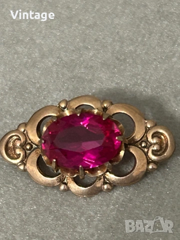 Антикварна съветска сребърна позлатена брошка с рубин , снимка 6 - Колиета, медальони, синджири - 53328876