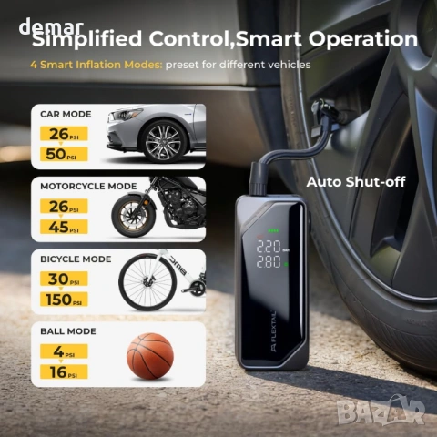 FLEXTAILGEAR Безжичен компресор за напомпване на автомобилни гуми, 150 PSI, 12V DC и USB-C, 6000mAh, снимка 4 - Аксесоари и консумативи - 53656552