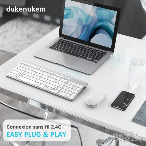 Безжичен комплект клавиатура и мишка, ултра тънък, AZERTY, бял/сребрист, снимка 2 - Клавиатури и мишки - 53382123