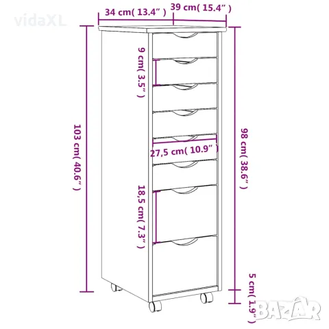 vidaXL Шкаф с чекмеджета на колелца MOSS, бял, бор масив, снимка 10 - Шкафове - 56147342