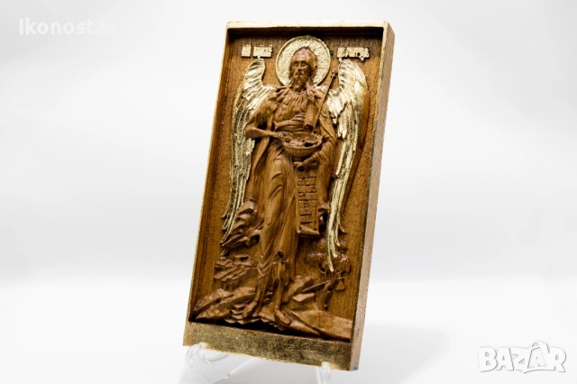 Позлатена релефна икона на Свети Йоан Кръстител от дъб, снимка 3 - Икони - 53224111