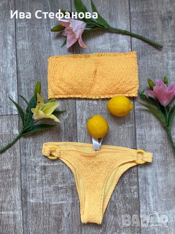 Нов патешко жълто бански костюм сет две части комплект М рипс рипсен , снимка 10 - Бански костюми - 41325719