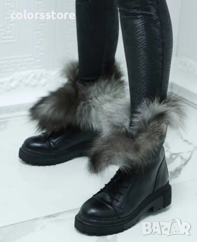 Равни боти - черна кожа със сив ЕСТЕСТВЕН пух - TR36