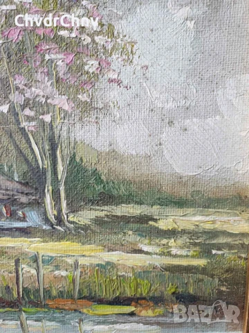 26х26см/малка картина масло върху платно-фазер/пейзаж-къща-дърво-река/дървена рамка, снимка 4 - Картини - 50471704