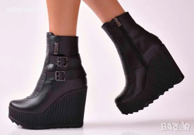 Боти на платформа - черна кожа - B2001