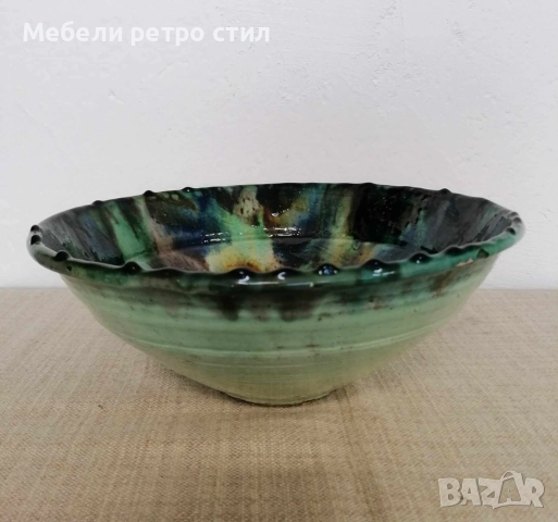 Ръчно изработена керамична купа, уникат с ефектна многоцветна глазура в зелено, синьо, жълто., снимка 3 - Декорация за дома - 52708611