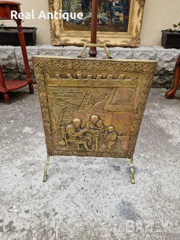 Уникално антикварно английско бронзово пано решетка за камина  