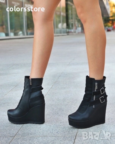Боти на платформа - черна кожа и велур - B2001 , снимка 2 - Дамски боти - 52113818