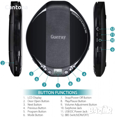 Gueray портативен CD плейър HiFi Classic Personal CD Discman със слушалки, защита срещу прескачане, , снимка 2 - Радиокасетофони, транзистори - 36128306