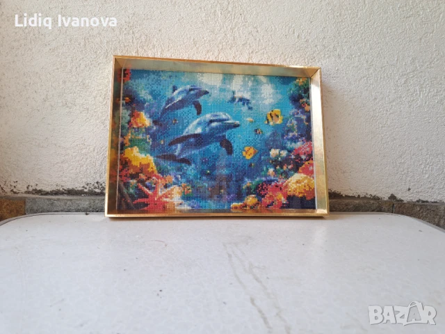 Диамантен гоблен делфини-готов и рамкиран, снимка 2 - Гоблени - 50711730