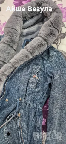 Дънкова парка сив еко пух свалящ се Размер L леко умалено става за М, снимка 5 - Якета - 48481371