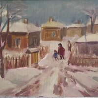 Никола Даскалов 1941 - 2010 Зимно утро пейзаж картина с маслени бои , снимка 2 - Картини - 40037665