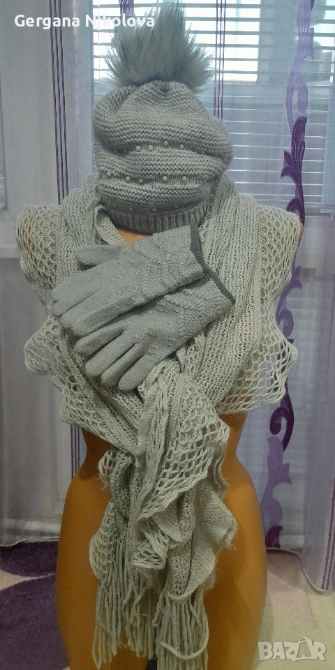 Шал,шапка и ръкавички в сиво, снимка 1