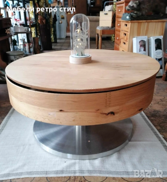 Кръгла холна маса с прибиращ се плот, вътрешен рафт и стабилна основа. , снимка 1